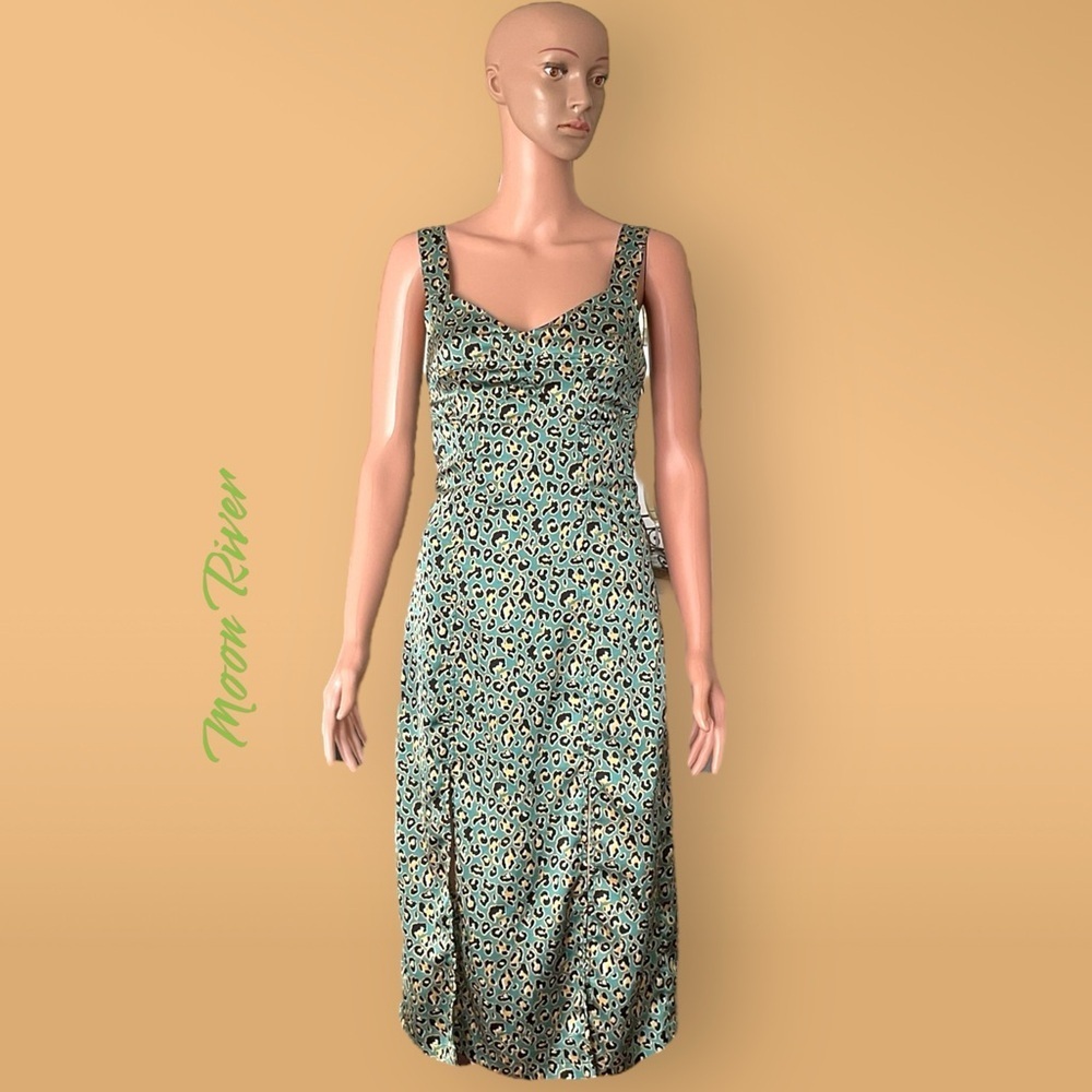 Moon River Slip Dress Green Black Satin 90s Party Wedding Slits Streetwear SZ XS